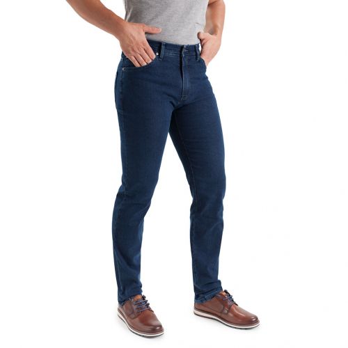 Color azul medio - Jeans para hombre en tejido vaquero azul medio elástico, denim con remaches de adorno. Regular Fit